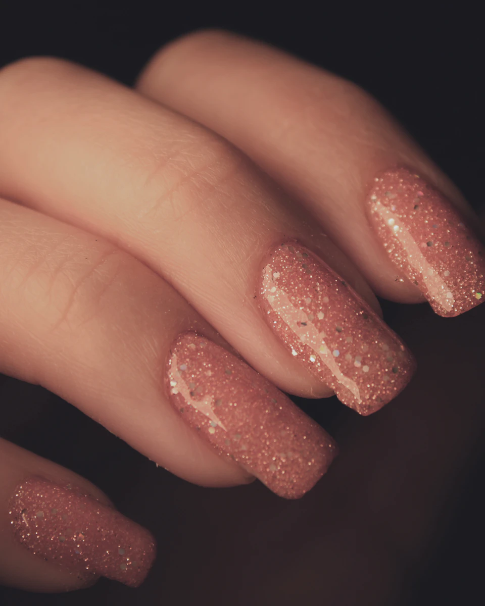 Uñas con glitter oro rosa brillando sobre fondo oscuro